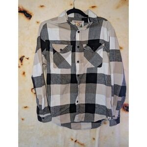 Free Planet Flannel Shirt Mens Small Tan Grey Buffalo Plaid Button Down Cotton